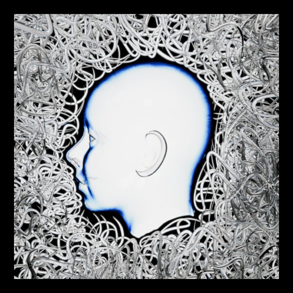 Glowing blue glass profile render surrounded by silver coils