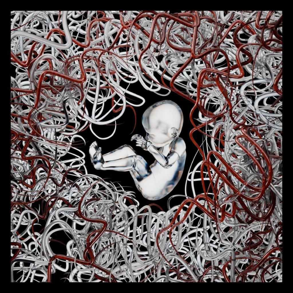 suspended silver fetus render inside metallic nest coils