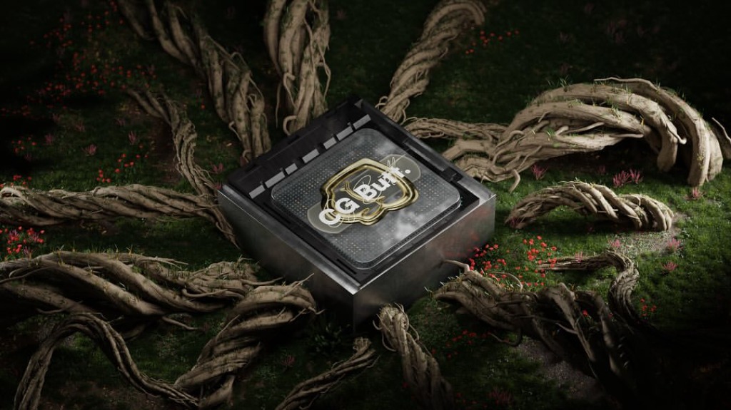 Golden CG Butt Microchip processor in wooden roots 3D Render