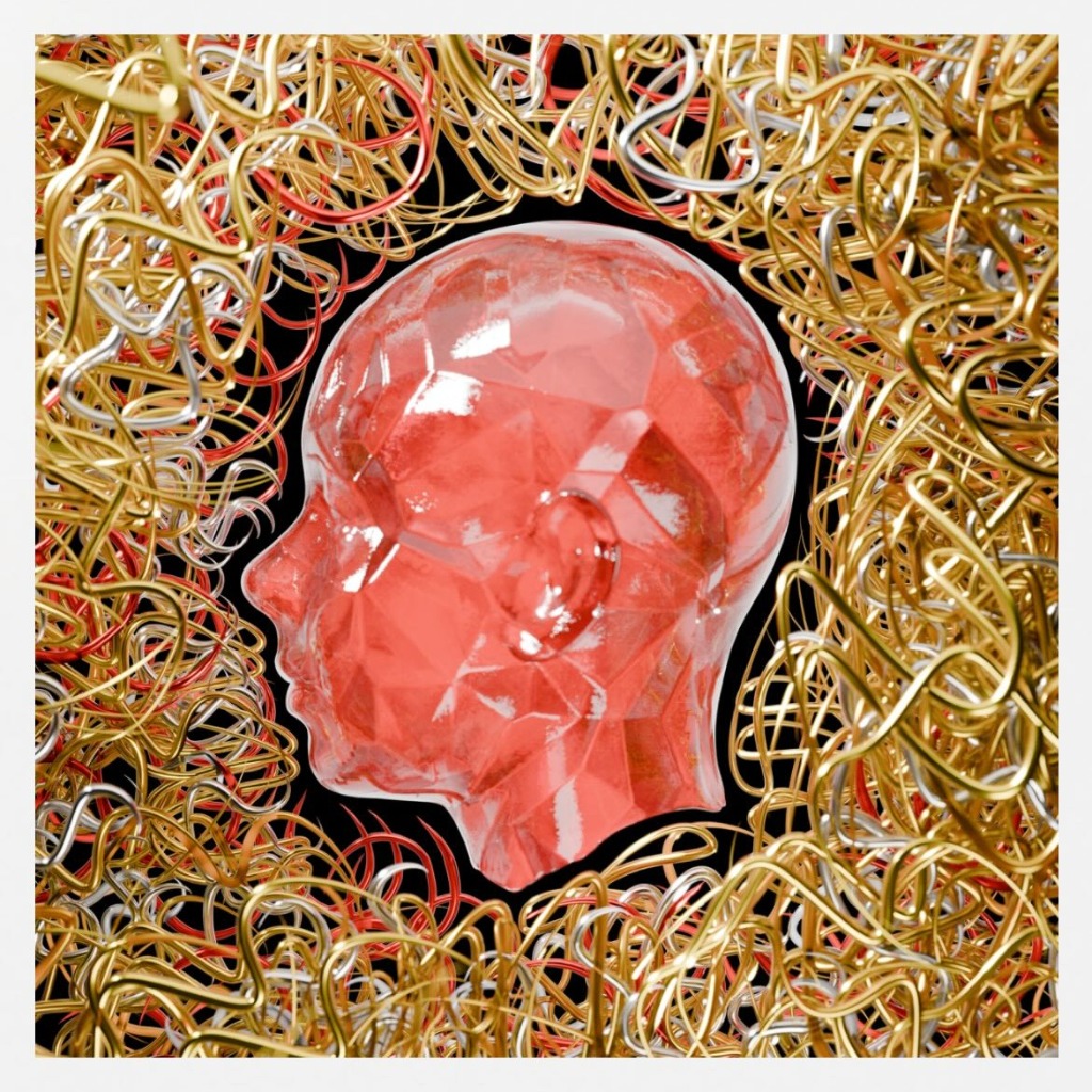 Low poly red crystal profile render surrounded by gold coils